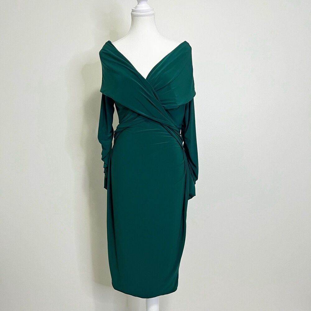 Club L London Off Shoulder Bodycon Midi Dress In Bottle Green NEW US 14 UK 18 - Picture 2 of 11
